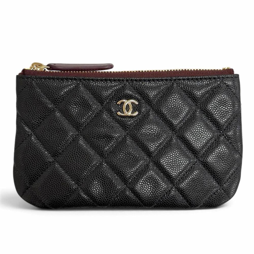 CHANEL Chanel Caviar Skin Coco Mark Matelassé Classic Small Zip Pouch Mini Bl...